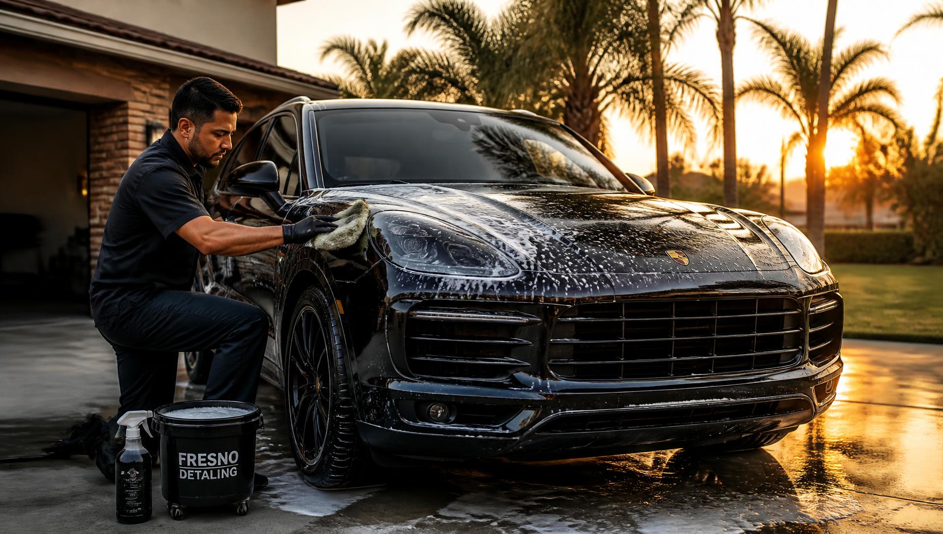 Detailer hand-washing a dark SUV in a Fresno driveway at sunset